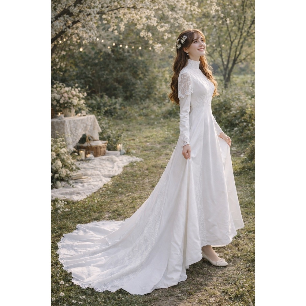 Vintage‎ White Lace Victorian Style Wedding Dress Long Sleeve High Neck Train
